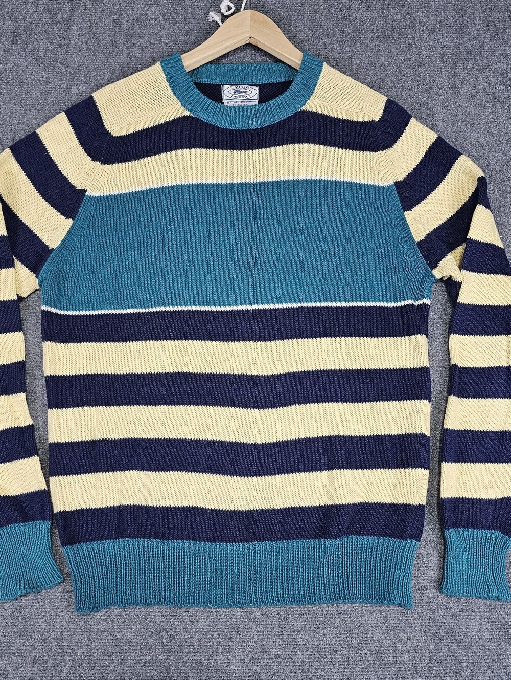 VTG Izod Lacoste Crewneck Sweater Mens L Rugby Chunky Stripe Linen Blend RARE